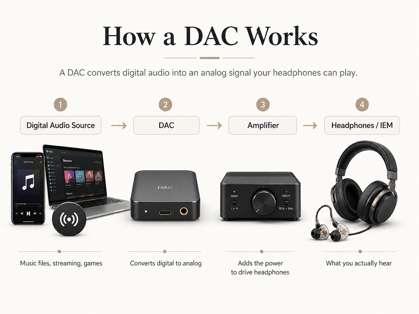 How a DAC works: digital audio source to DAC, amplifier, and headphones or IEM