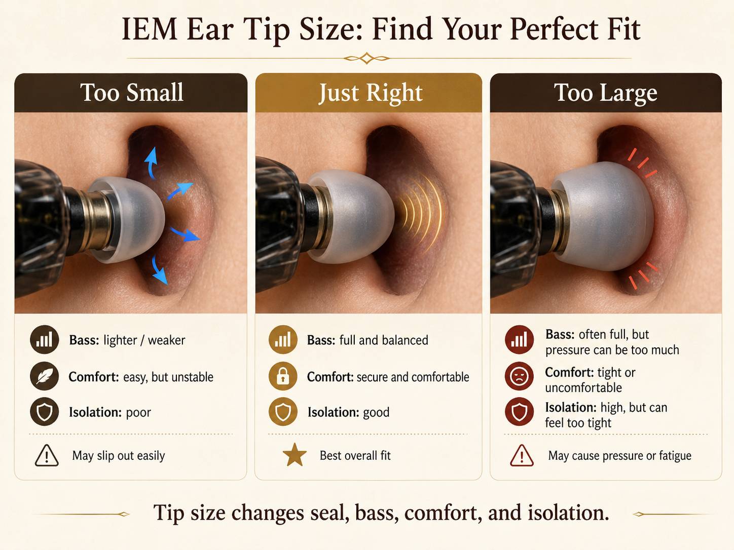IEM ear tip size guide showing small medium large and how fit affects bass and comfort