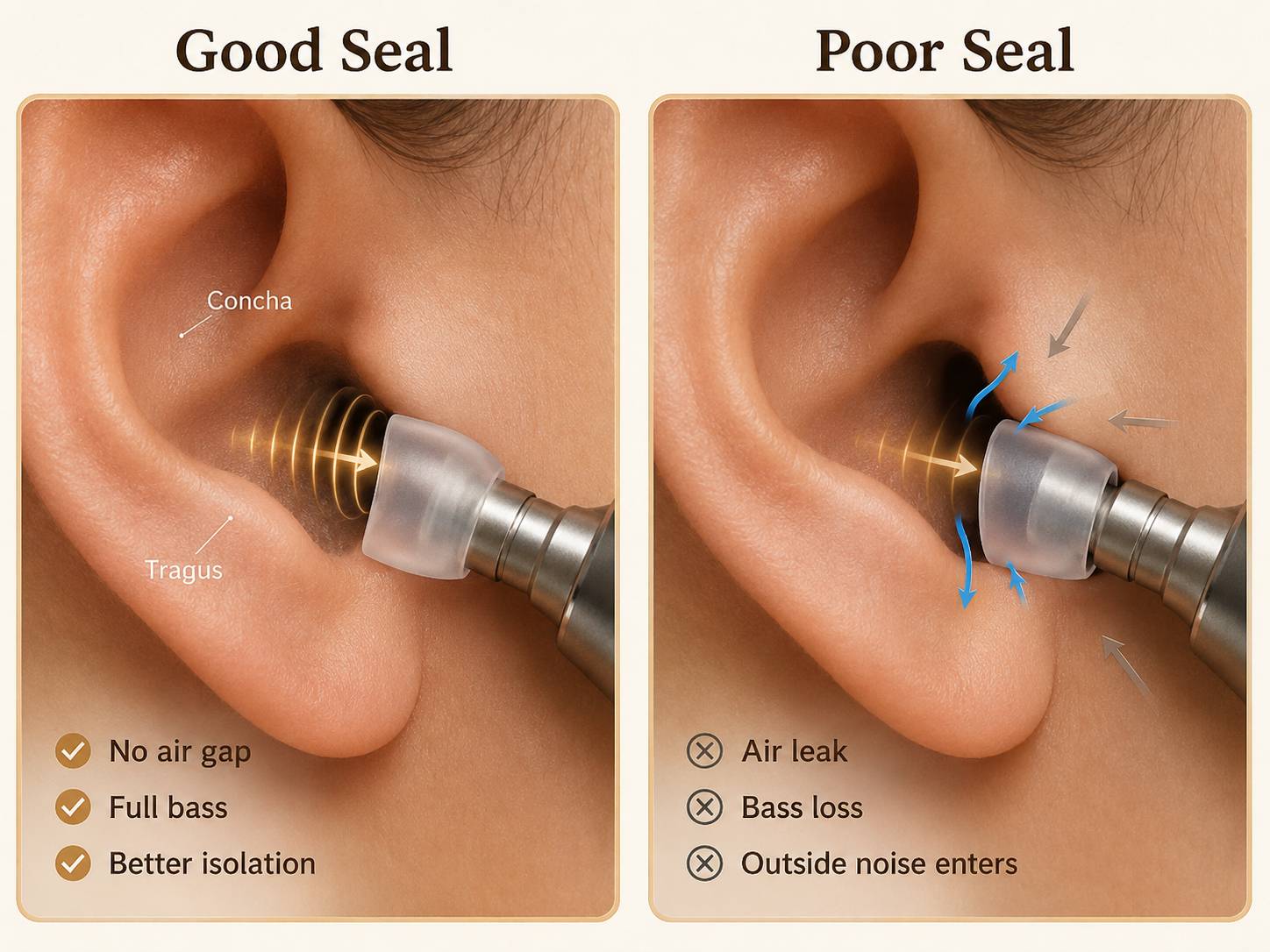 Good seal vs poor seal for IEM ear tips and why bass changes when the fit is loose